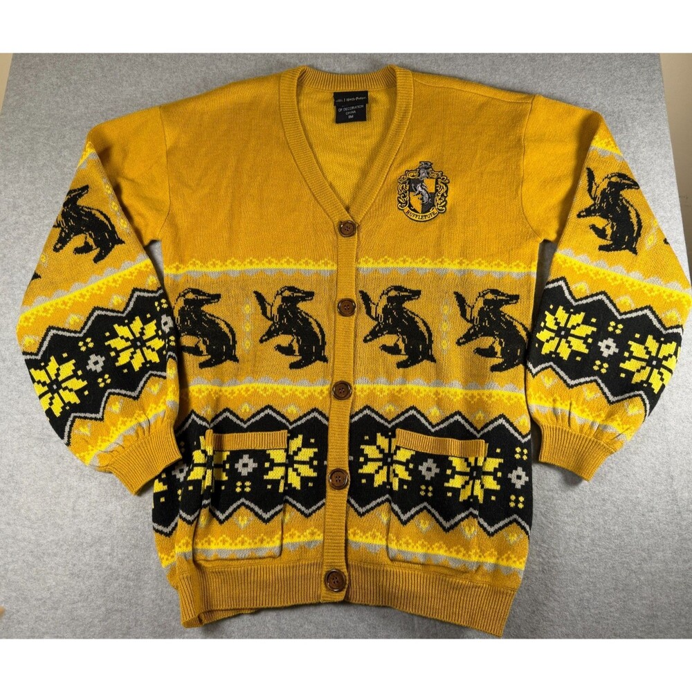 Harry Potter Hufflepuff Badger Cardigan Sweater Yellow Fair Isle Size S, SKU 188